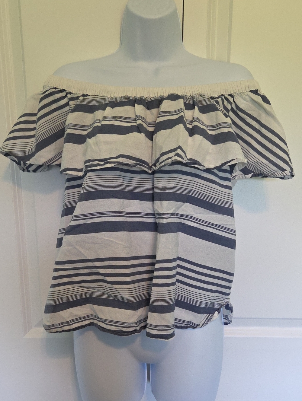 LOFT Off-Shoulder Striped Ruffle Tunic - White and Navy